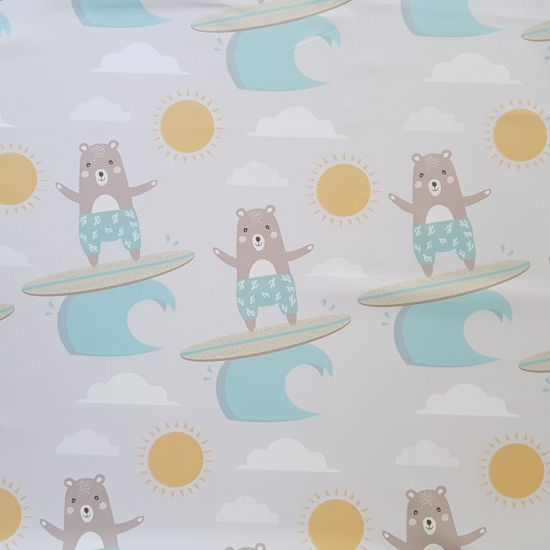 Tkanina tapicerska wzory dziecięce Welur Miś Surfer