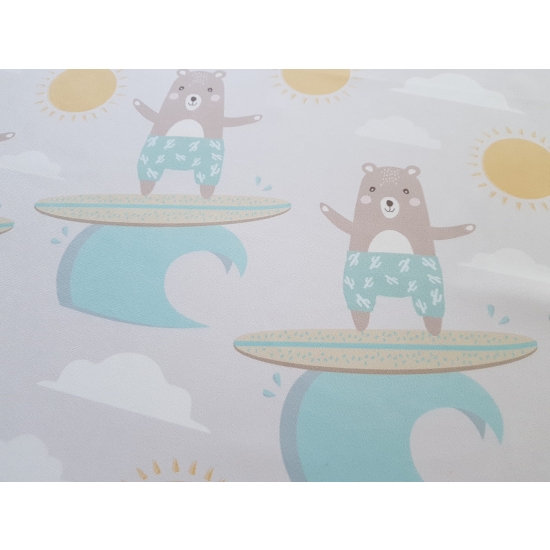 Tkanina tapicerska wzory dziecięce Welur Miś Surfer