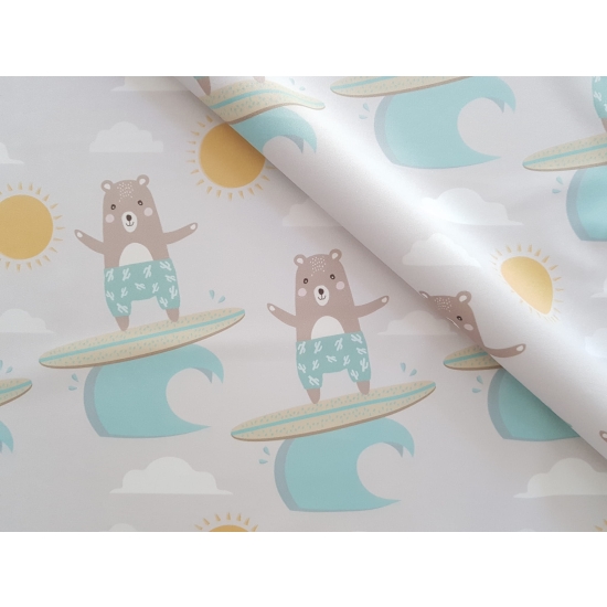 Tkanina tapicerska wzory dziecięce Welur Miś Surfer