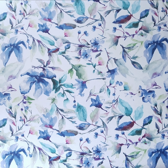 Tkanina tapicerska wzory Welur Kwiaty akwarela niebieskie S