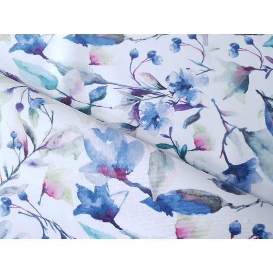 Tkanina tapicerska wzory Welur Kwiaty akwarela niebieskie S