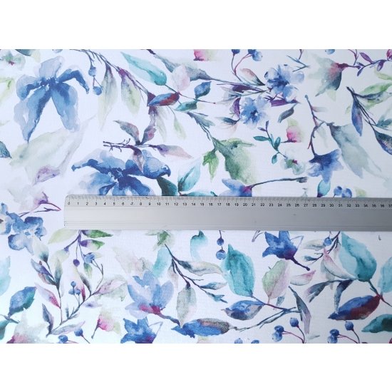 Tkanina tapicerska wzory Welur Kwiaty akwarela niebieskie S