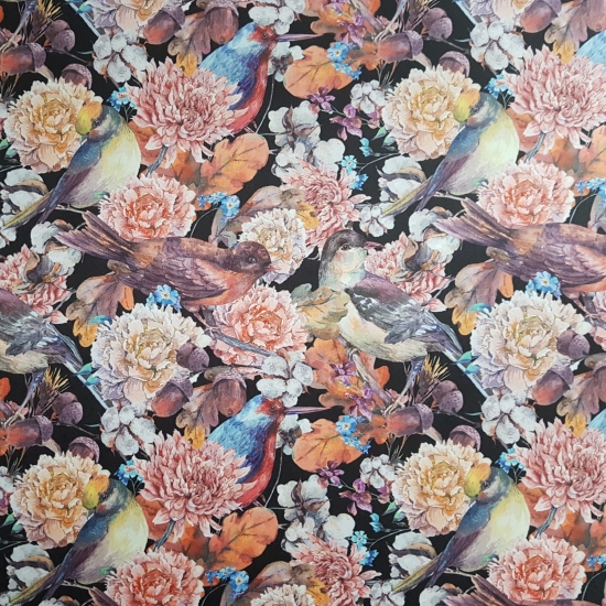 Tkanina tapicerska wzory Welur Ptaszki z kwiatami