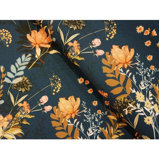 Tkanina tapicerska drukowana plecionka Kwiaty polne granatowe