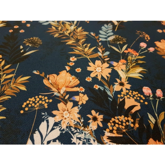 Tkanina tapicerska drukowana plecionka Kwiaty polne granatowe