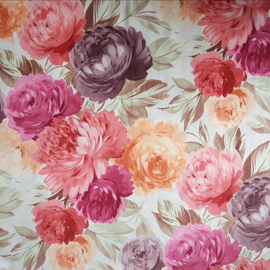 Tkanina tapicerska wzory Welur Kwiaty piwonie różowe i pomarańczowe