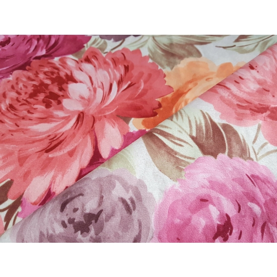 Tkanina tapicerska wzory Welur Kwiaty piwonie różowe i pomarańczowe