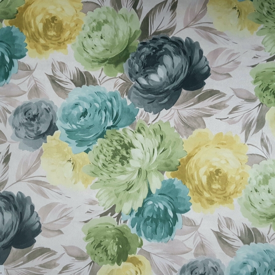 Tkanina tapicerska wzory Welur Kwiaty piwonie zielone i żółte