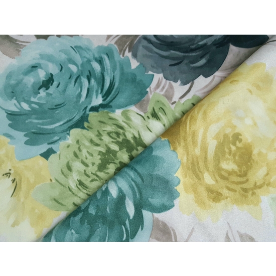 Tkanina tapicerska wzory Welur Kwiaty piwonie zielone i żółte