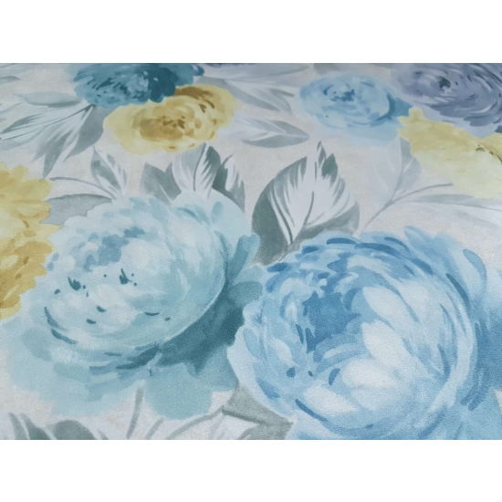 Tkanina tapicerska wzory Welur Kwiaty piwonie błękitne i żółte