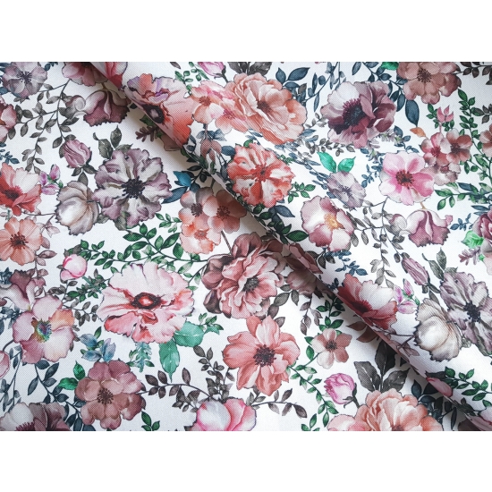 Tkanina tapicerska drukowana plecionka Kwiaty różowe