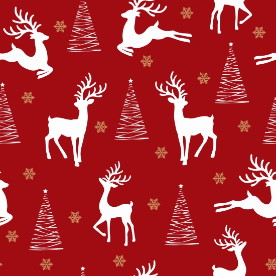Tkanina tapicerska wzory świąteczne Welur Jelenie białe na czerwonym tle