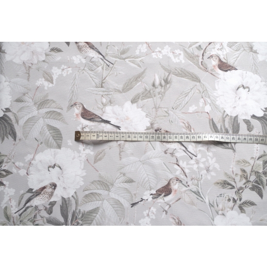 Tkanina tapicerska wzory Welur Ptaszki i białe kwiaty