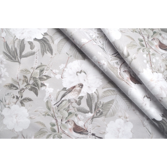 Tkanina tapicerska wzory Welur Ptaszki i białe kwiaty
