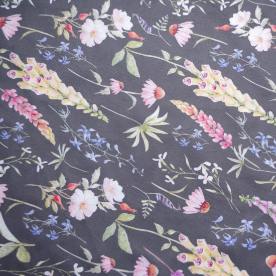 Tkanina tapicerska wzory Welur Kwiaty łąkowe na czarnym tle