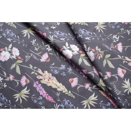 Tkanina tapicerska wzory Welur Kwiaty łąkowe na czarnym tle