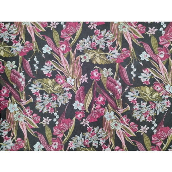 Tkanina tapicerska wzorzysta żakard Kwiaty na czarnym tle