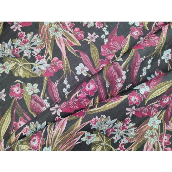 Tkanina tapicerska wzorzysta żakard Kwiaty na czarnym tle