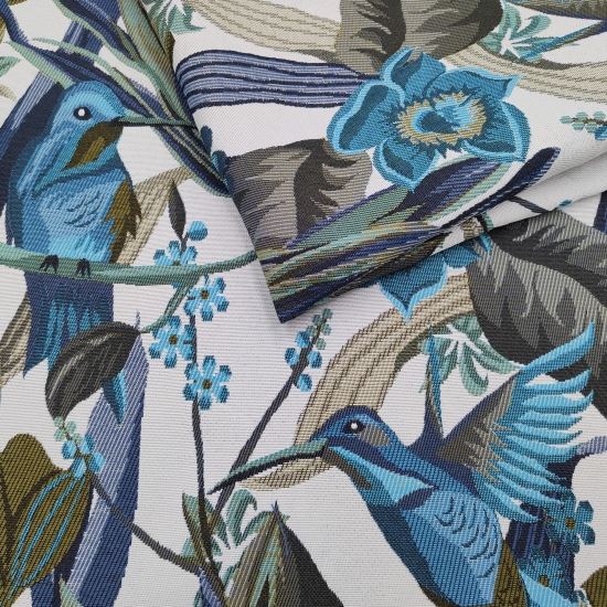Tkanina tapicerska wzorzysta żakard Kolibry niebieskie