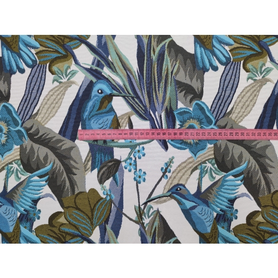 Tkanina tapicerska wzorzysta żakard Kolibry niebieskie
