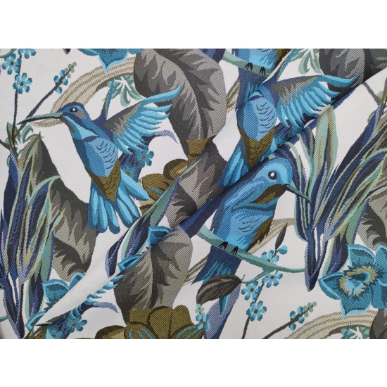 Tkanina tapicerska wzorzysta żakard Kolibry niebieskie