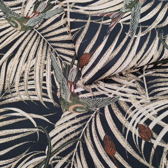 Tkanina tapicerska wzorzysta żakard Kolibry zielone i złote liście