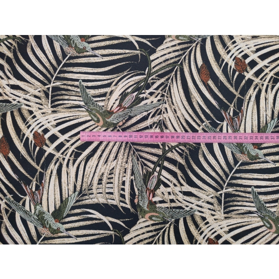 Tkanina tapicerska wzorzysta żakard Kolibry zielone i złote liście