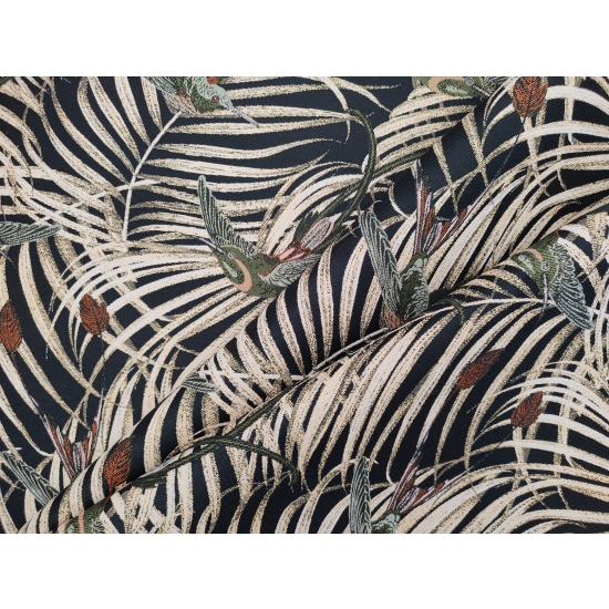 Tkanina tapicerska wzorzysta żakard Kolibry zielone i złote liście