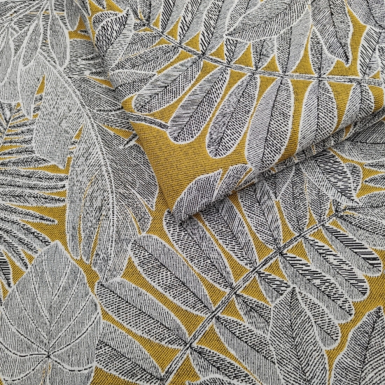 Tkanina tapicerska wzorzysta żakard Liście szare na żółtym tle