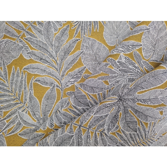 Tkanina tapicerska wzorzysta żakard Liście szare na żółtym tle