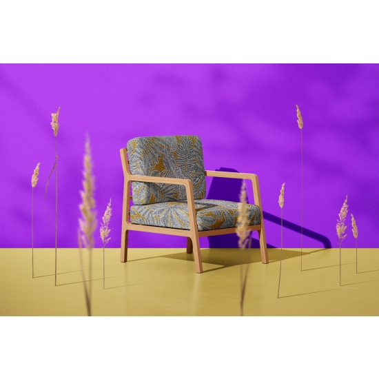 Tkanina tapicerska wzorzysta żakard Liście szare na żółtym tle