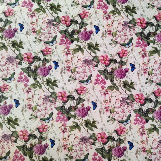 Tkanina tapicerska Welur drukowany Motyle i różowe kwiaty