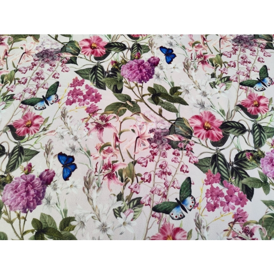 Tkanina tapicerska Welur drukowany Motyle i różowe kwiaty