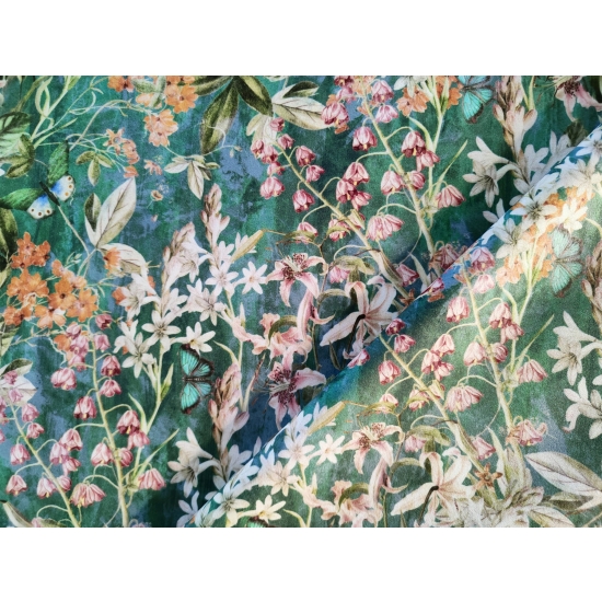 Tkanina tapicerska Welur drukowany Kwiaty i motyle na zielonym tle