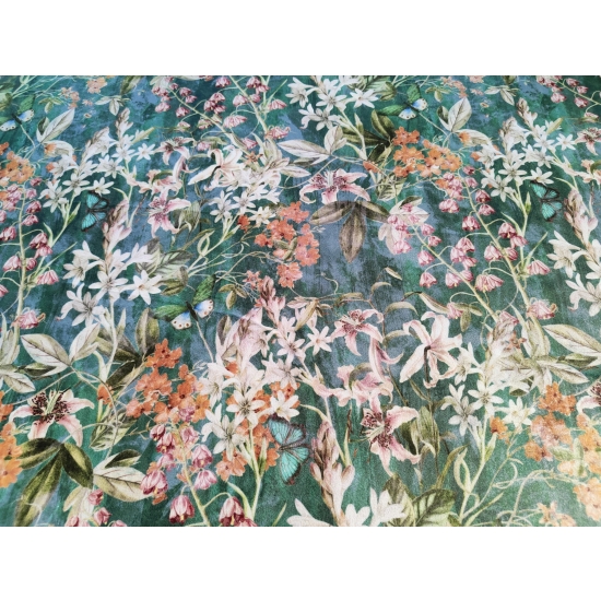Tkanina tapicerska Welur drukowany Kwiaty i motyle na zielonym tle