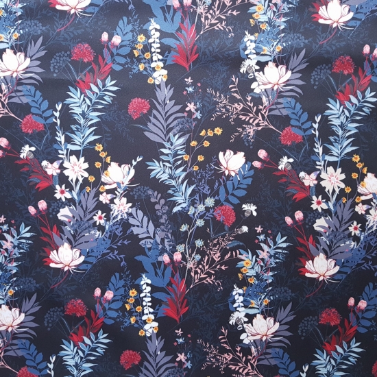 Tkanina tapicerska wzory Welur Kwiaty polne czarne